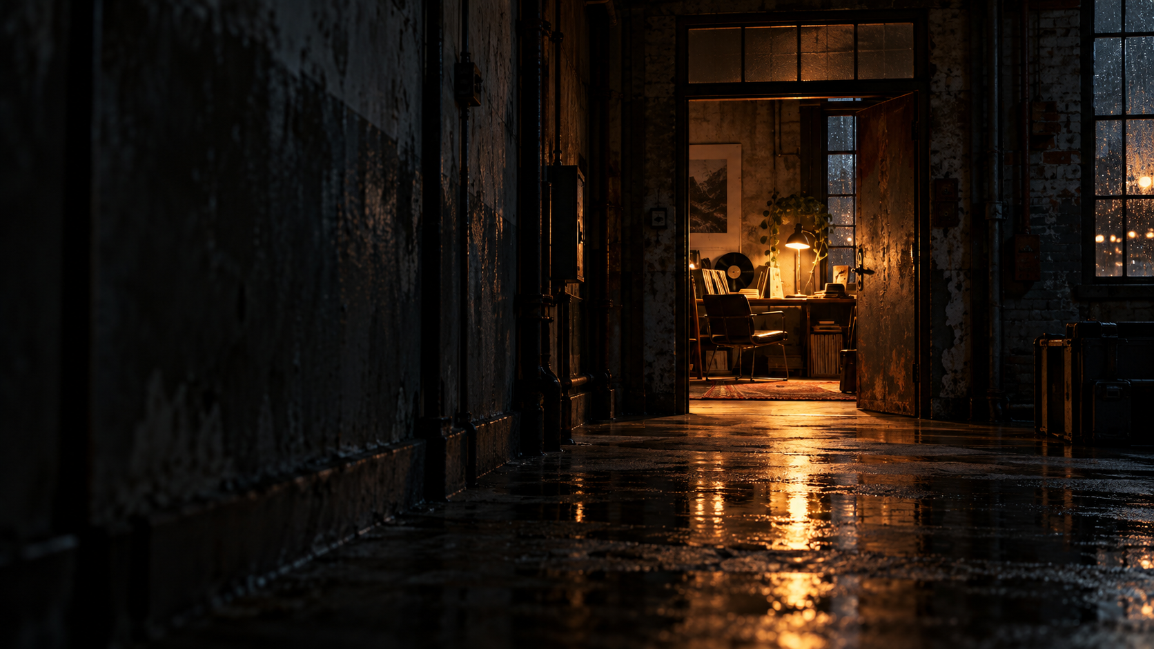 The open doorway and warm light inside the DERËALHOUSE refuge